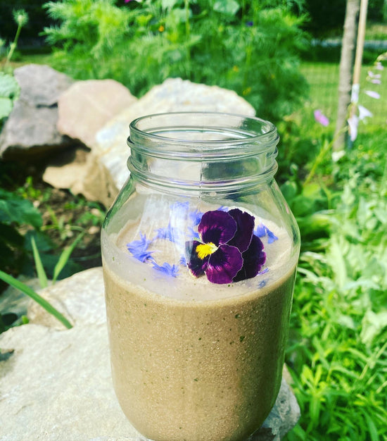 Chocolate Mushroom Bone Broth Smoothie with Edible Flowers in the Garden